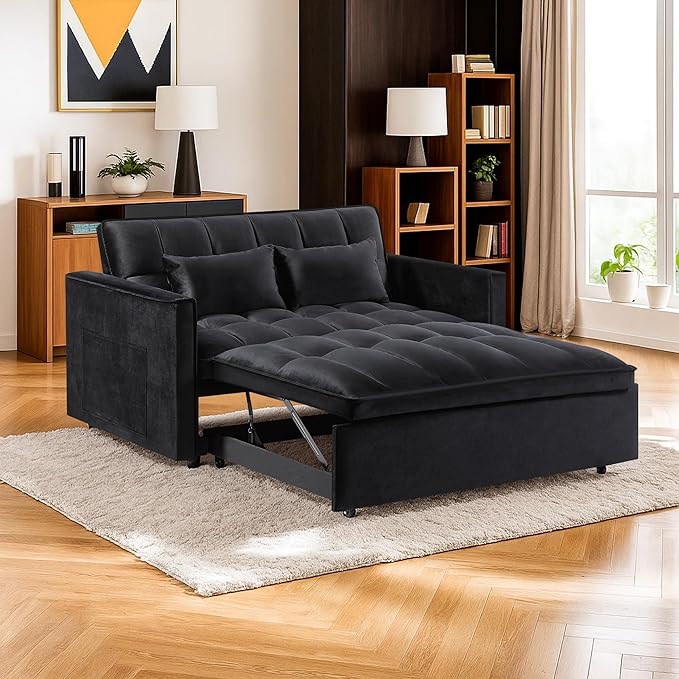 3 in 1 Convertible Sleeper Sofa BedFuton Loveseat Couch with Pull-Out Bed &amp Adjustable BackrestVelvet Fabric Sofa with Side Pocket for Small Apartment Living Room Office (Black)