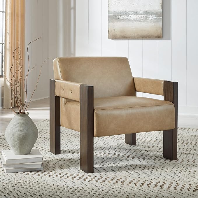 Signature Design by Ashley Adlanlock Contemporary Faux Leather Upholstered Solid Wood Accent Chair Light Brown &amp Dark Brown
