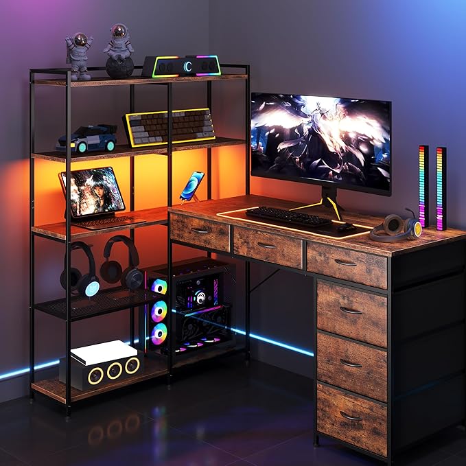 Garvee L Shaped Gaming Computer Desk with 6 Fabric Drawers Corner Gaming Desk with Open Shelves Home Office PC Table with Power Outlets &amp LED Lights 58.3 l*54.3 h Rustic Brown