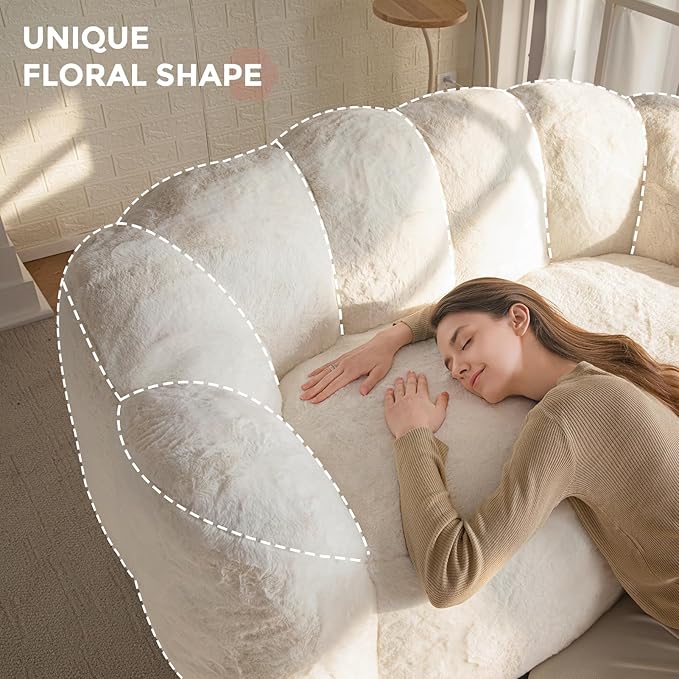 MAXYOYO Bean Bag Chair for Adults Loveseat Floral Shaped Bean Bag Sofa Ultra Soft Love Seat Mini Sofa Couch Faux Fur Reading Chair for Living Room Bedroom Beige
