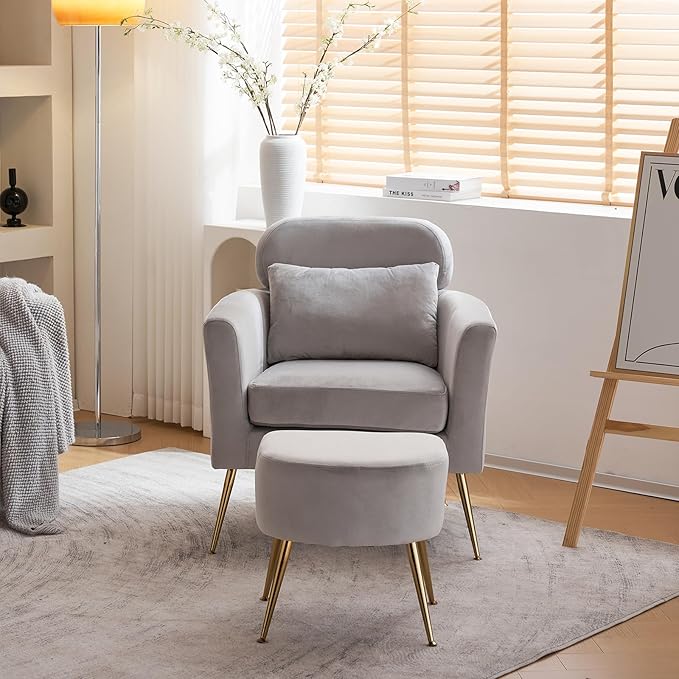 Accent Chair Light Gray Chair with Ottoman Comfy ArmChair Footrest Set Comfortable Living Room Chairs Club Tub Sofa Chair for Reading Room Lazy Chair with Ottoman Accent Lounge Chair with Footstool