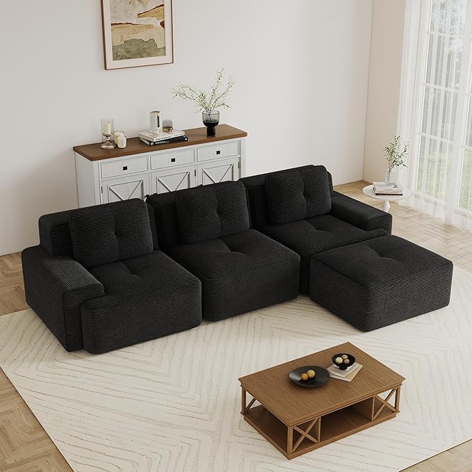 117.3 Modern L Shape Boneless Couch with Ottoman 3 Seater Corduroy Modular Sectional Sofa Comfy Cloud Sleeper Sofa with Deep Seat Upholstered Couches for Living Room Apartment Black
