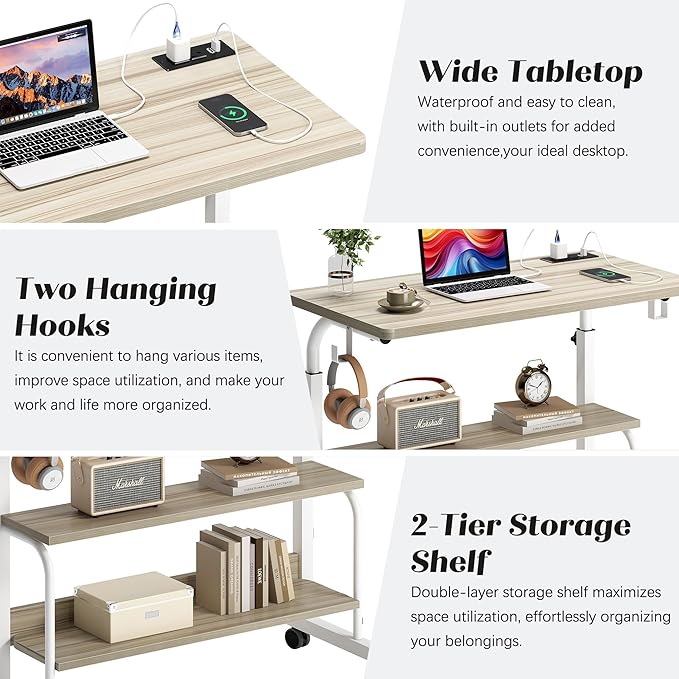 soges Height Adjustable Desk with Charging Station Mobile Computer Workstation with 2 Storage Shelves Small Rolling Desk on Wheels for Home Office Maple