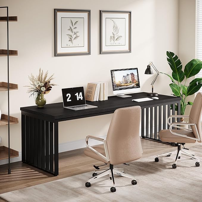 Tribesigns 78 Computer Desk Extra Long 2-Person Desk with Metal Legs Double Writing Table with Spacious Space Industrial Wooden Office Desk Large Study Desk Workstation for Home Office (Black)
