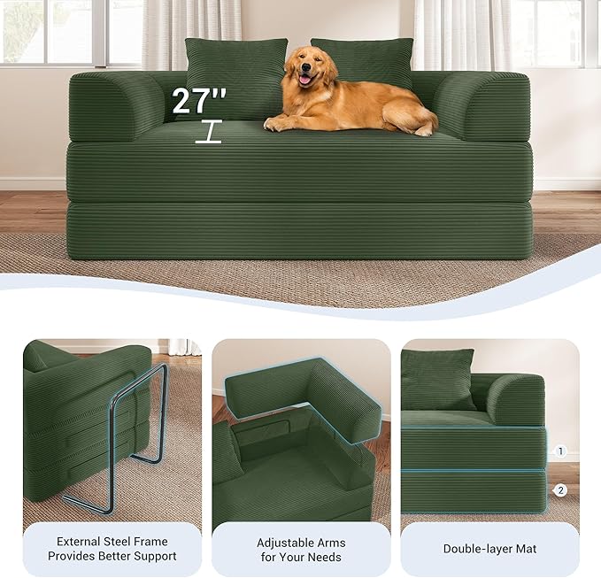 Cloud Boneless Convertible Floor Sofa Bed 70 4-in-1 Foldable Compressed Loveseat Lounge Sleeper 2 Seater Couches High-Density Sponge &amp Corduroy Fabric Futon Daybed for Living Room Bedroom(Green