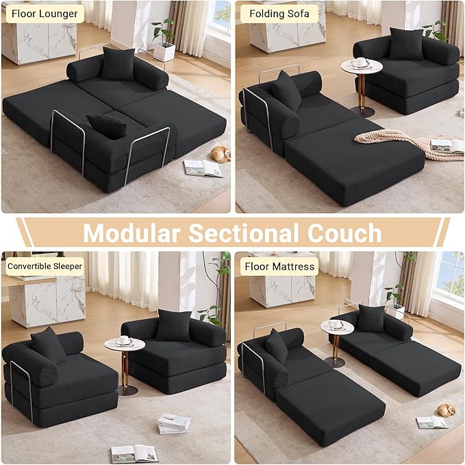 73 Convertible Sleeper Sofa Bed Corduroy Boneless Couch in a Box 4-in-1 Folding Mattress Loveseat Couch Comfy Modular Foldable Floor Sleeper Sofa with 2 Pillows and Fixed-Shape Frame (Black 73)