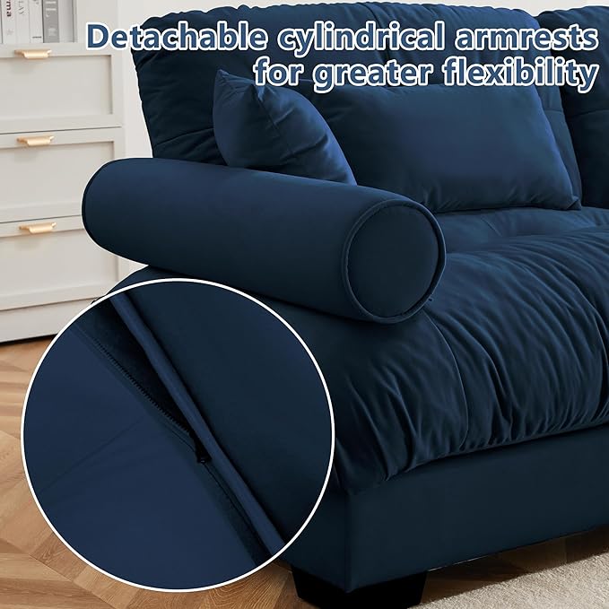 Oversized 3 Seater Modular Sectional Sofa Large Sectional Couch for Living Room Velvet Cloud Couch with 5 Pillows Deep Seat Sofa Blue