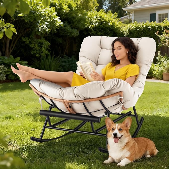 IDEALHOSUE Papasan Rocking Chair with Foot Rest Ergonomic Papasan Chair with Thick Waterproof Cushion Metal Frame &amp PE Rattan Lounge Chairs for Living Room Bedroom Relaxation Space