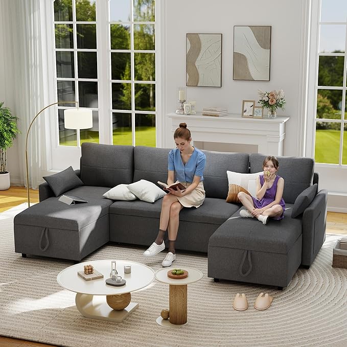 U Shaped Sleeper Sofa: 106 Grey Pull Out Couch with Storage Modern Convertible Sleeper Sofa Bed with Chaise 4 Seater Linen Couch Bed for Living Room