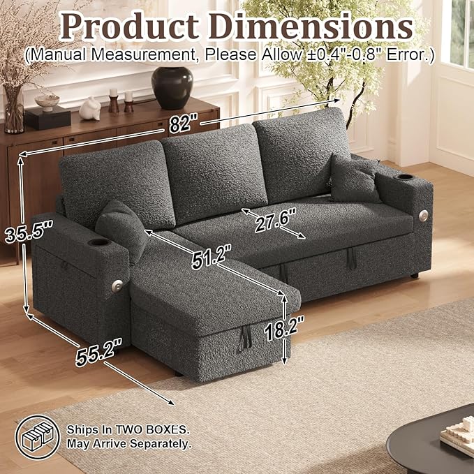Sleeper Sofa Bed 4-in-1 Pull Out Couch with Reversible Chaise | Dual USB &amp Type-C Charging | Dual Cup Holders | Layered Storage (Armrest + Chaise) for Living Room Apartment Home Office (Dark Gr