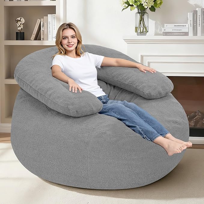 HABUTWAY Giant Bean Bag Chair Oversized Beanbag Chair with Filler Ultra Soft Teddy Fleece Bean Bag Lounge Floor Sofa w/U-Shaped Pillow for Gaming Reading Light Grey &amp Light Grey