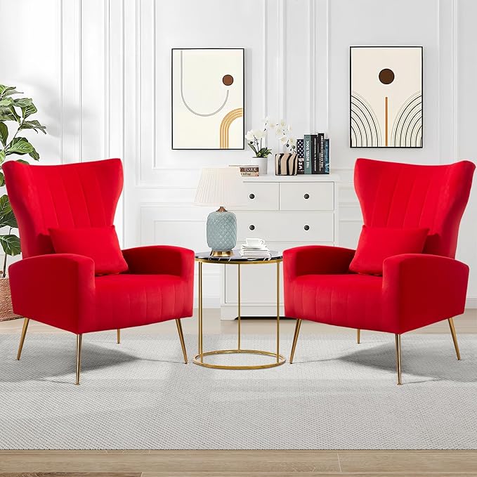 Modern Living Room Chairs Velvet Accent Chair Armchair with Lumbar Pillow High Back Bedroom Chairs Vanity Chair Barrel Chair Arm Chair with Gold Legs Red