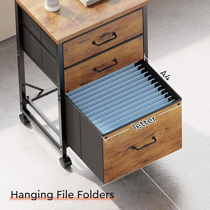 3 Drawer Mobile File Cabinet with Wheels Fabric Vertical Filing Cabinet fits A4 or Letter Size for Home OfficeRustic Brown2