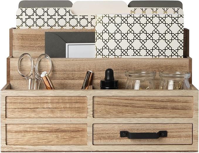 BLU MONACO | Natural Wood Mail Organizer with Drawer &amp Pen Holder | Rustic Desk Organizer for Bills Letters &amp Countertop Storage | Wooden Desktop Mail Sorter for Home &amp Kitchen