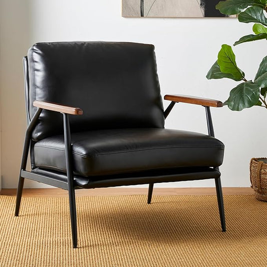Glitzhome Mid-Century Modern Accent Chair PU Leather Ultra Soft Living Room Armchair Lounge Chairs with Steel Frame &amp Wooden Armrest for Living Room Home Office Reading Room Black