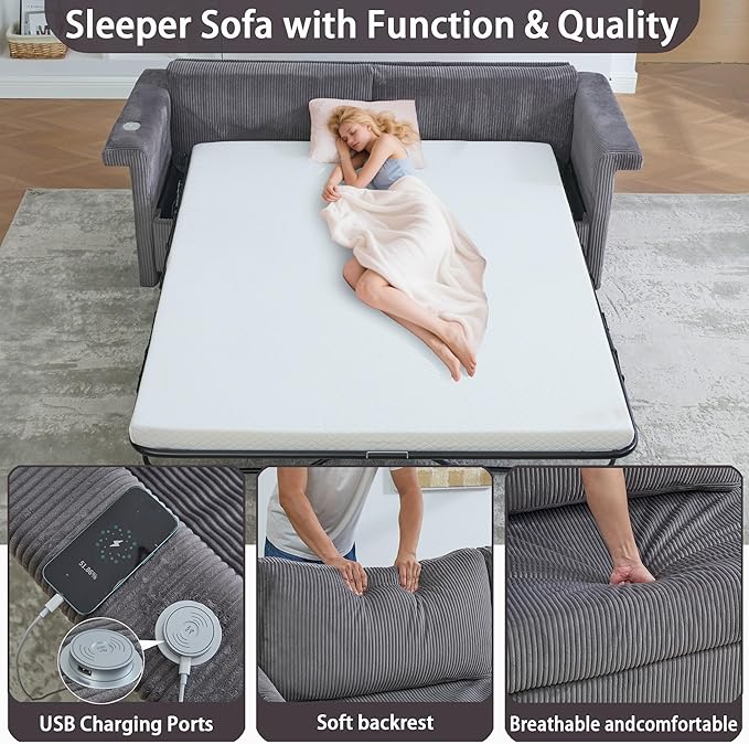 Full Size Sleeper Sofa Bed Pull Out Couch with Queen Size Memory Foam Mattress 2-in-1 Convertible Corduroy Loveseat Sleeper for Small Apartment USB Charging (Gray)