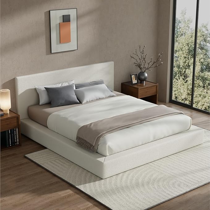 RECCI AirFrame King Size Bed Frame with Headboard Cloud Upholstered Platform Bed Frame 5 Inch Foam Cushioned No Box Spring Easy Assembly(Cream Boucle)