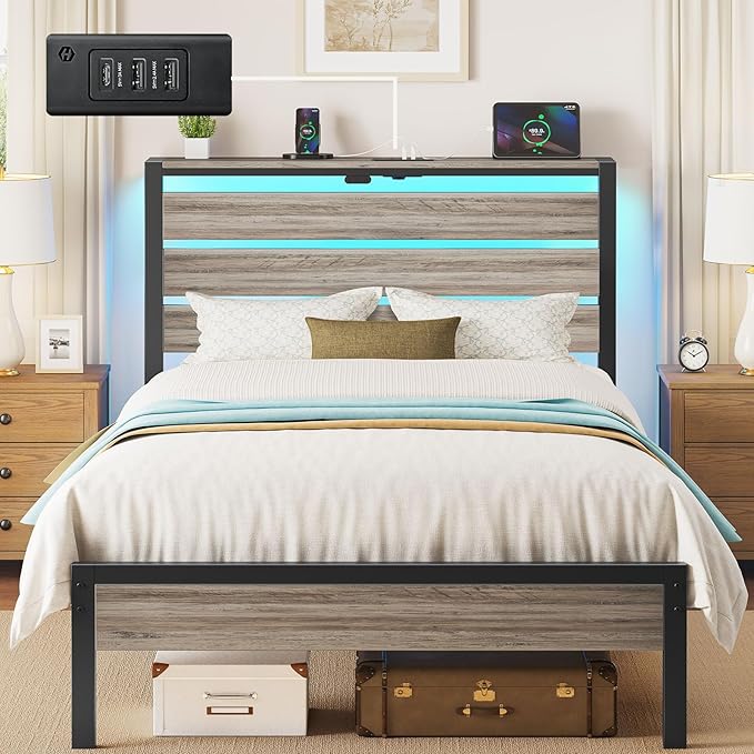Rolanstar Bed Frame Twin Size with USB Charging Station LED Bed Frame with Wood Storage Headboard Light Grey Metal Platform Bed with Under Bed Storage No Box Spring Needed Noise Free