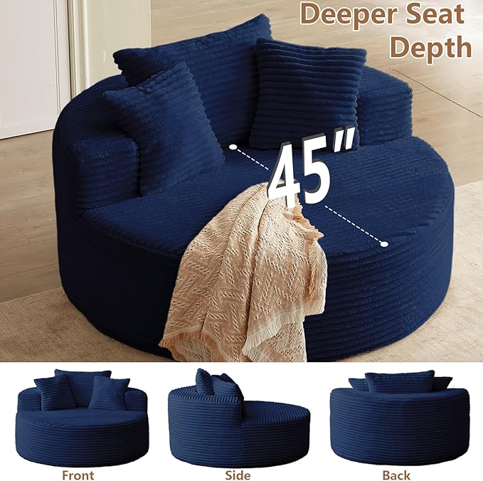 Oversized Round Chair Lounge Chaise Indoor Upholstered Corduroy Deep Seat Cloud Large Circle Sofa Chair No Assembly Required Fluffy Modern Sleeper Sofa Bed for Reading Living Room Bedroom Blue