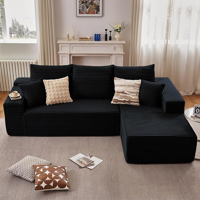 107 Modular Sectional Couches for Living Room Comfy Boneless L Shaped Cloud Couch with Chaise Lounge Modern Cozy Corduroy Deep Seat Floor Sofa Memory Foam No Assembly Required Black