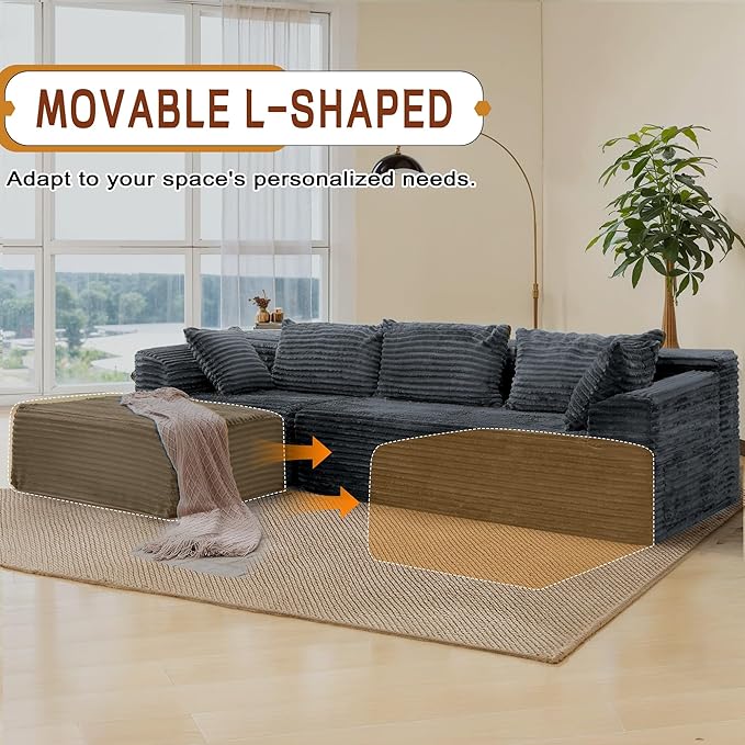 110 L-Shaped Modular Sectional Sofa with Chaise Boneless Comfy Corduroy Fluffy Couch with Deep Seat and Side Pockets Flexible Module Combination for Living Room No Assembly Side Pockets