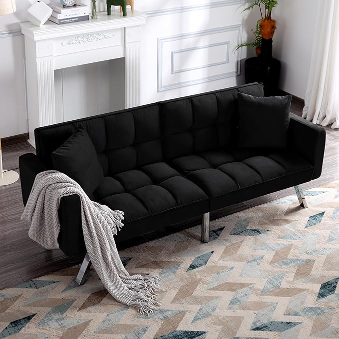 74 Futon Sofa BedConvertible Sleeper Couch with Adjustable Backrest and Pillows Comfy Velvet Cloud Sofa LoveseatModern Loveseat for Living Room and Bedroom（Black）