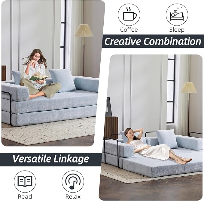 Folding Sofa Bed Convertible Sleeper Sofa Chenille Floor Couch with Pillows Fold Out Couch King Size Bed Futon  Foldable Memory Foam Mattress for Living Room Bedroom Playroom (Light Blue)