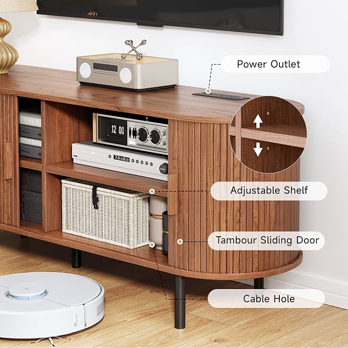 55 TV Stand with Power Outlet Mid-Century Modern Television Stand Fluted Media Console with Sliding Doors Entertainment Center for TVs up to 60 Inch Adjustable Shelves Walnut