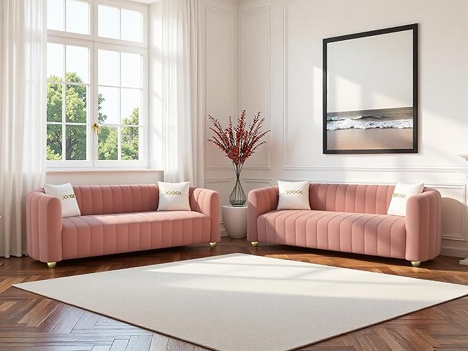 Modern Velvet Loveseat Sofa Couch for Living Room 84 Comfy Upholstered 3 Seater Sofa Couch with Gold Metal Legs &amp 2 Pillows Luxury Sectional Sofa for Bedroom Office Apartment Pink