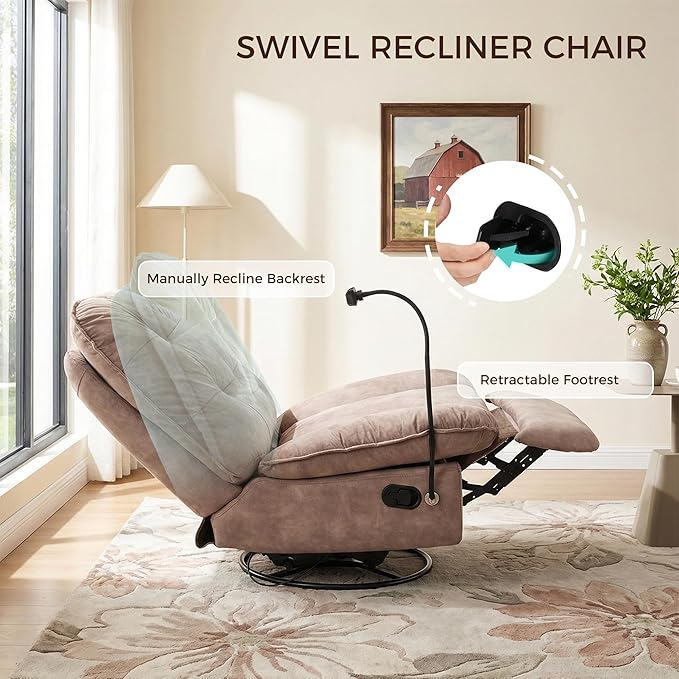 Swivel Rocker Recliner Chair for Adult Glider Nursery Rocking Chair Armless Single Recliner Sofa for Living Room Oversized &amp Overstuffed Phone Holder Included Brown