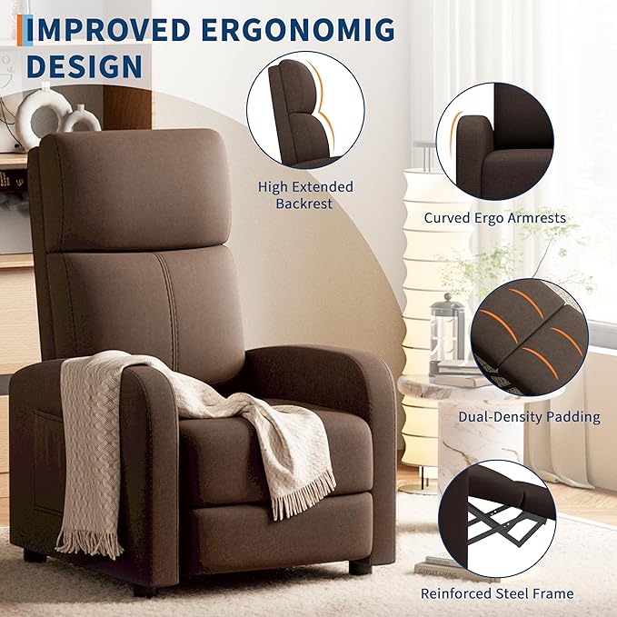 Premium Linen Manual Recliner Chair - High Backrest &amp Thick Cushion for Superior Comfort Adjustable Push Back Recliner with Side Pocket Gray Lounge Chair for Living Room &amp Bedroom