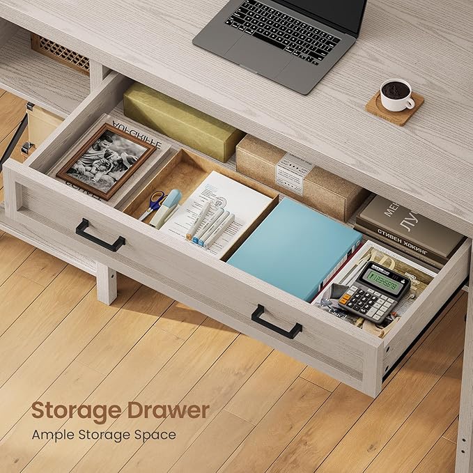SEDETA Farmhouse Small Desk with Drawers 40 Computer Desk with Storage Shelves Writing Desk for Small Space and Power Outlet Desk for Bedroom Home Office Mahogany Grey
