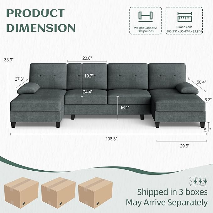 Vongrasig Sectional Couches for Living Room U-Shaped Sofa with Chaise 4-seat Large Sectional Modern Couch for Living Room Apartment (Grey)