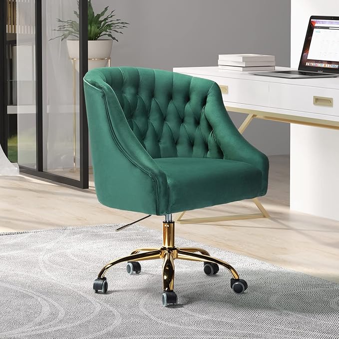 Velvet Home Office Chair with Gold Base Comfortable Modern Cute Desk Chair Adjustable Swivel Task Chair for Living Room Bedroom Vanity Study Green