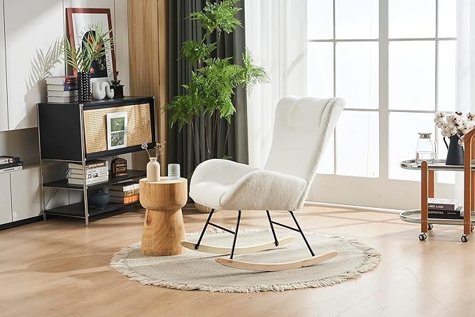Rocking Chair Nursery Solid Wood Legs Reading Chair with Teddy Fabric Upholstered Nap Armchair for Living Rooms Bedrooms Offices Best GiftWhite Teddy Fabric