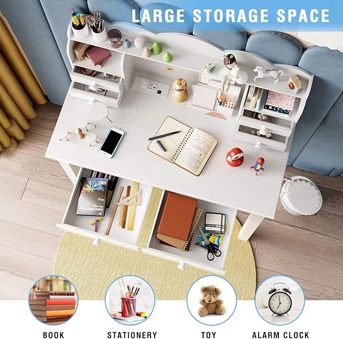 ADORNEVE Small White Writing Desk with Hutch and USB Ports 31.5 inch Home Office Desk with Drawers Study Table for Kids/Student Makeup Dressing Table Save Space Gifts