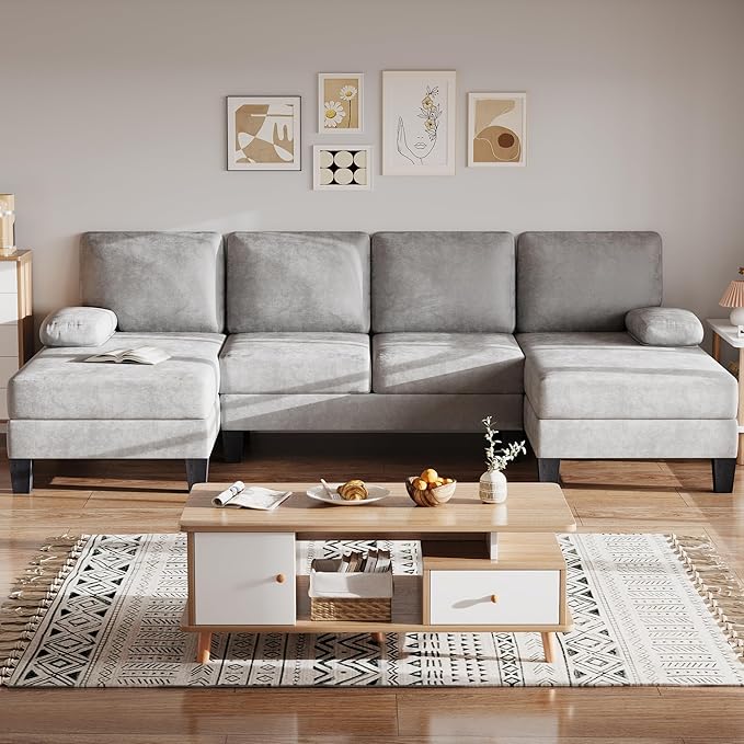 Bezseller 107.3 Sectional Couches for Living Room U Shaped Modular Sofa Couch with Cushion &amp Chenille Fabric 4-Seat Comfy Furniture Sets with Double Chaise for Apartment Reception Room Grey
