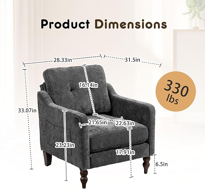 Ball &amp Cast Mid-Century Accent Chair for Living RoomReading Chair for Bedroom with USB Ports&ampSide PocketModern Accent Arm Chair W/Wide Backrest&ampRetro Wood LegsChenille Upholstered Comfy