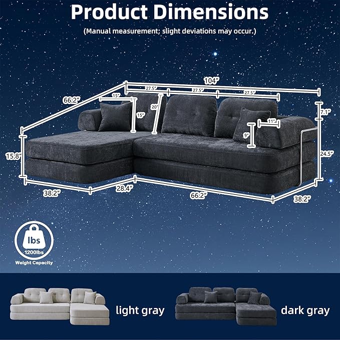 104 Modular Sectional Sofa 8-in-1 Convertible Sleeper Couch with Pet-Friendly Chenille Fabric High-Density Foam Floor Seating for Living Room Apartment (Dark Gray)