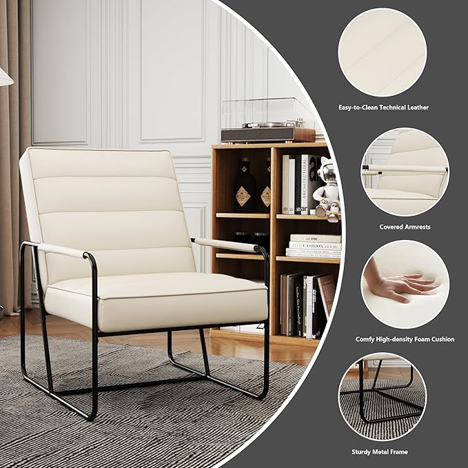 Modern Metal ed Armchair with Beige Technical Leather Stylish Comfortable Indoor Lounge Accent Chair for Living Room OfficeBedroom