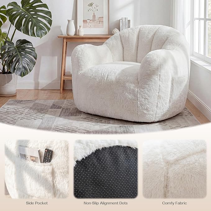 Giant Bean Bag Chair for Adults Shell-Shaped Oversized Bean Bag Couch with Armrests &amp Side Pockets Stuffed Floor Sofa for Reading Playing &amp Relaxing Beige