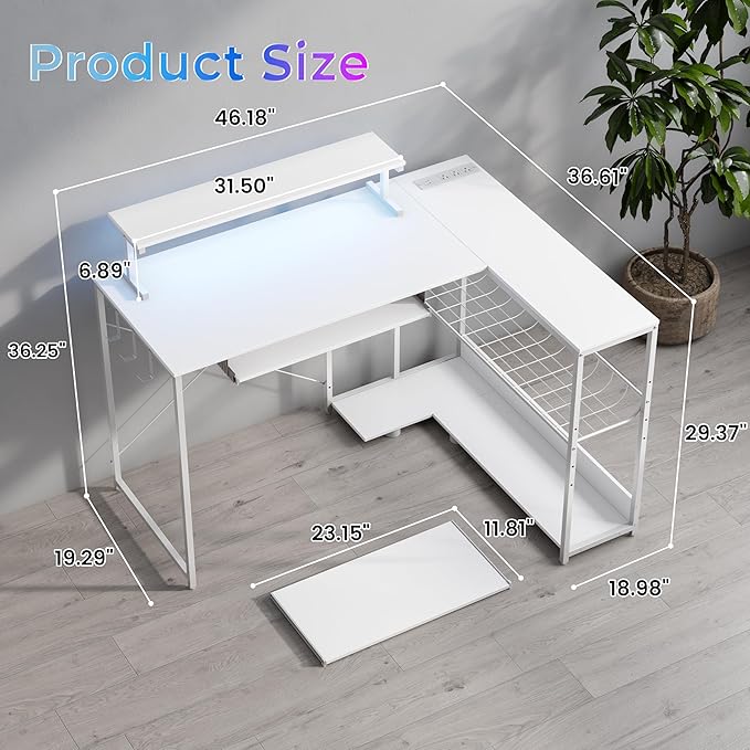 L Shaped Gaming Desk with Power Outlets &amp RGB Lights 46'' L- Shaped Desk Computer Corner Desk with Monitor Stand &amp Storage Shelf &amp Hook Home Office Desk Writing Desk White