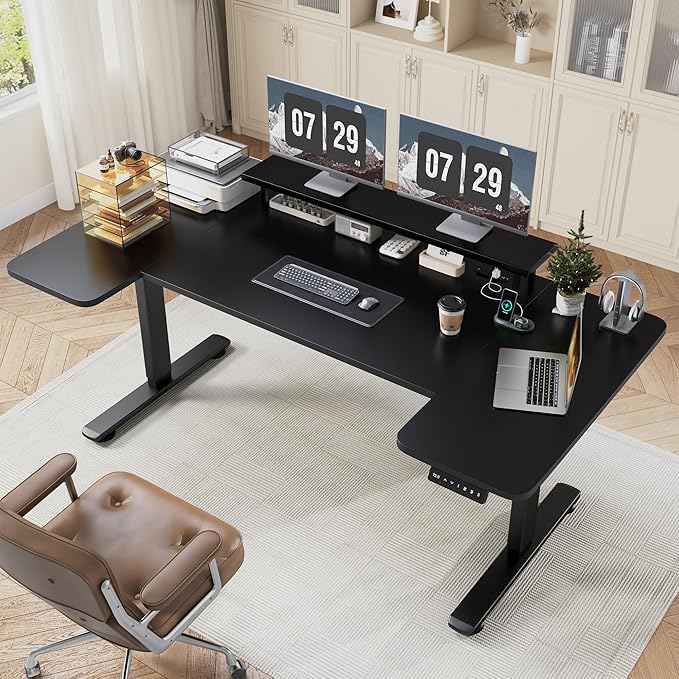 EnHomee 71 Inch Standing Desk Adjustable Electric with Monitor Stand Computer Desk with Power Strip Memory Height Home Office Desk for Home and Study Room Black