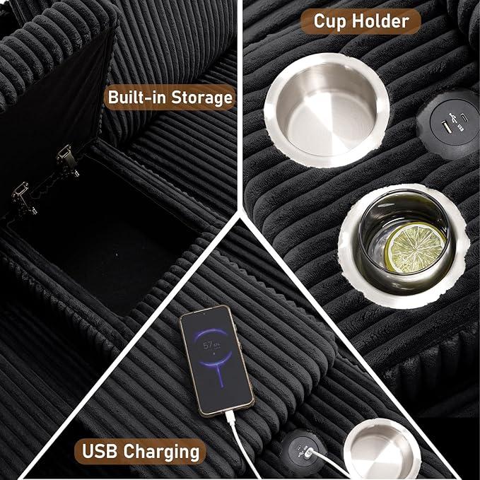 133 Oversized U Shaped Cloud Couch Modular Sectional Couches for Living Room Comfy Corduroy Deep Seat Sofa Set with Double Chaise Lounge Storage Central Console Cup Holders USB Port Black