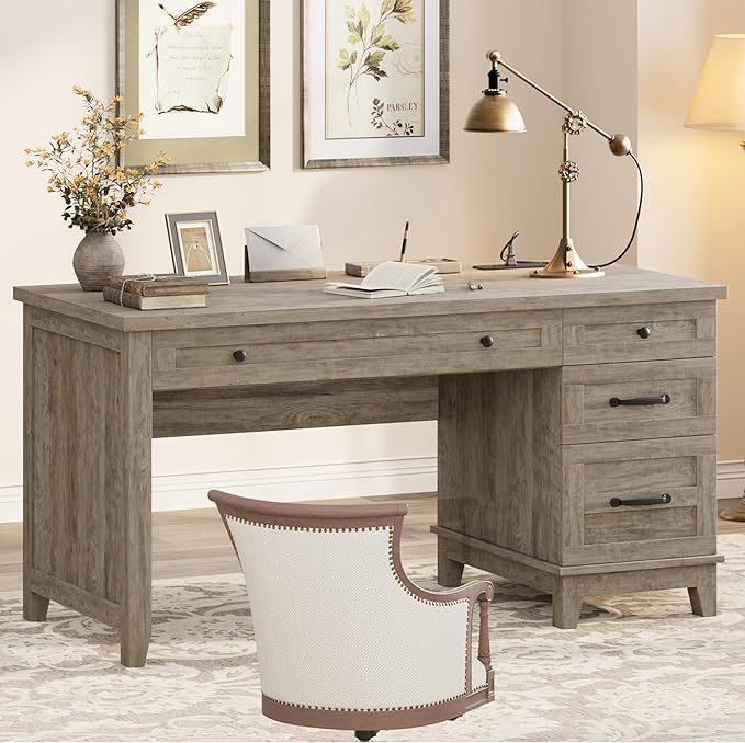 IDEALHOUSE Rustic Wood Double Desk with Built-in Charging Station &amp 4 File Drawers Spacious 2-Person Writing Table for Home Office Heavy-Duty Dual Workstation for Study &amp Work Gray