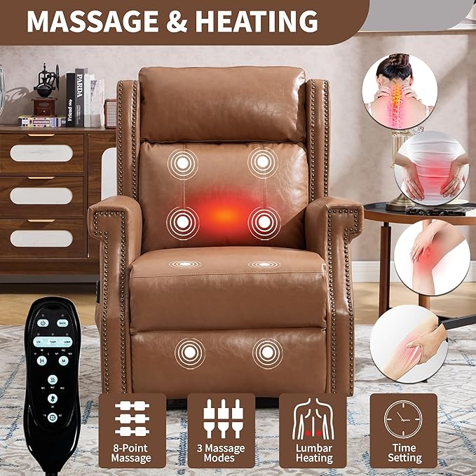 KEIKI Oversized Recliner Chair Manual Leather Recliner Chair with 8 Vibration Back Massager and Heating for Living Room Fiber Foam Moderen Rocking Lounge Reading Chair Camel