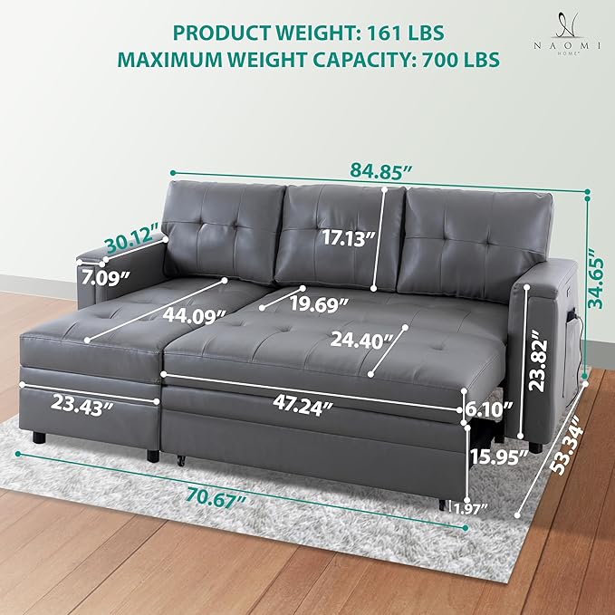 Naomi Home L-Shaped Sectional Sleeper Sofa with USB Ports - Convertible Pull-Out Bed Ample Storage Timeless Design Durable Construction Gray/Air Leather