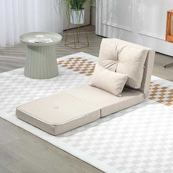 HOMCOM Convertible Flip Chair Floor Lazy Sofa Folding Upholstered Couch Bed with Adjustable Backrest Metal Frame and Pillows for Living Room Bedroom Beige
