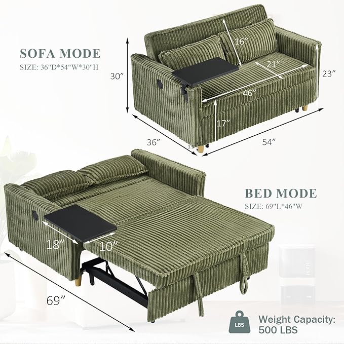 54W Convertible Sleeper Sofa Bed3-In-1 Corduroy Pull Out Couch BedFuton Loveseat Sleeper Couch with Adjustable Backrest &amp USB Ports &amp Side TableRecliner for Living Room/Office/Small Space(