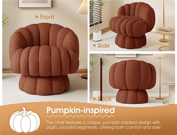 Teddy Fleece Swivel Vanity Chair - Armless Padded Accent Desk Chair for Bedroom Living Room Orange